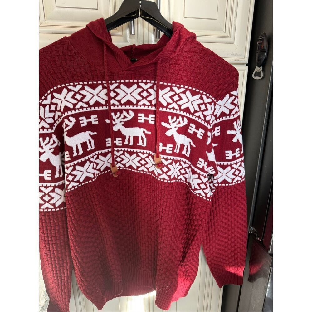 Men's Snowflake Reindeer Textured Knit Pullover Hoodie Maroon White Size Large